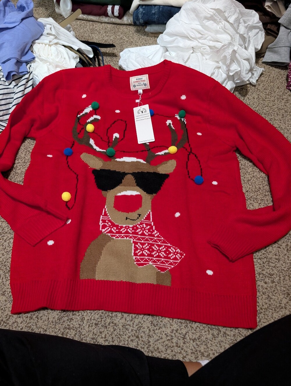 Daisys Boutique Red Reindeer Crewneck Sweater with Pom-Pom Antlers